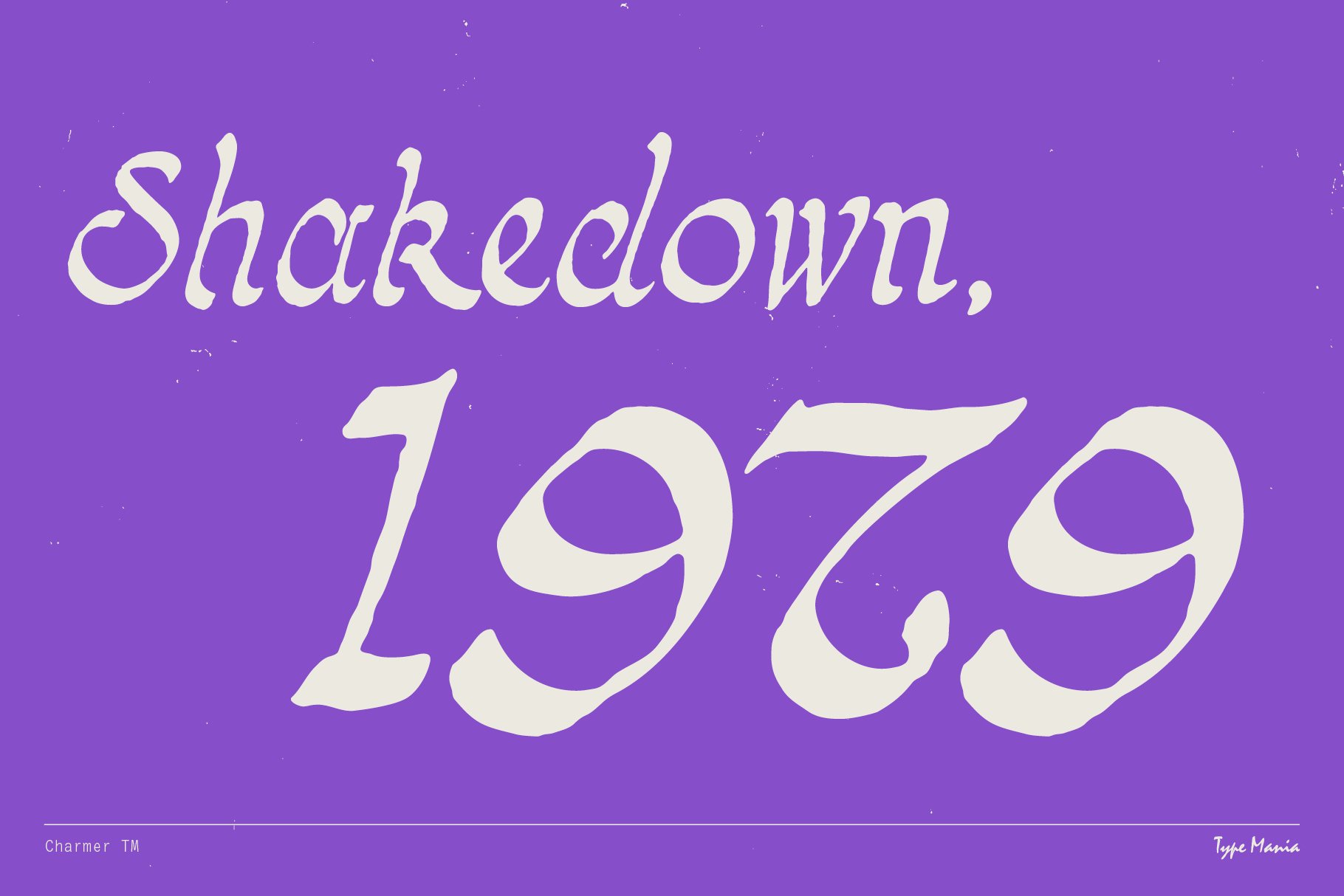 Vintage font graphic with text Shakedown 1979 on a purple background for designers seeking retro typography; ideal for mockups and templates.