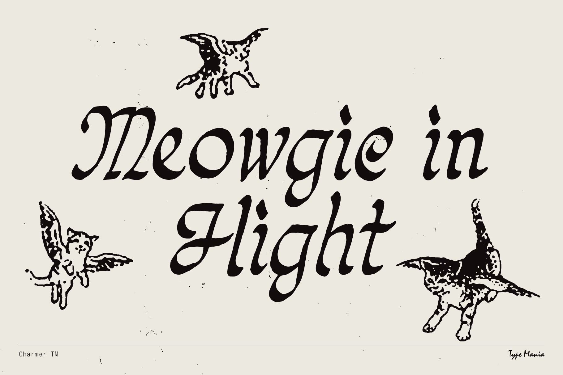 Vintage-style design for Meowgic in Flight features whimsical flying cats and bold typography. Perfect for designers seeking unique graphics.