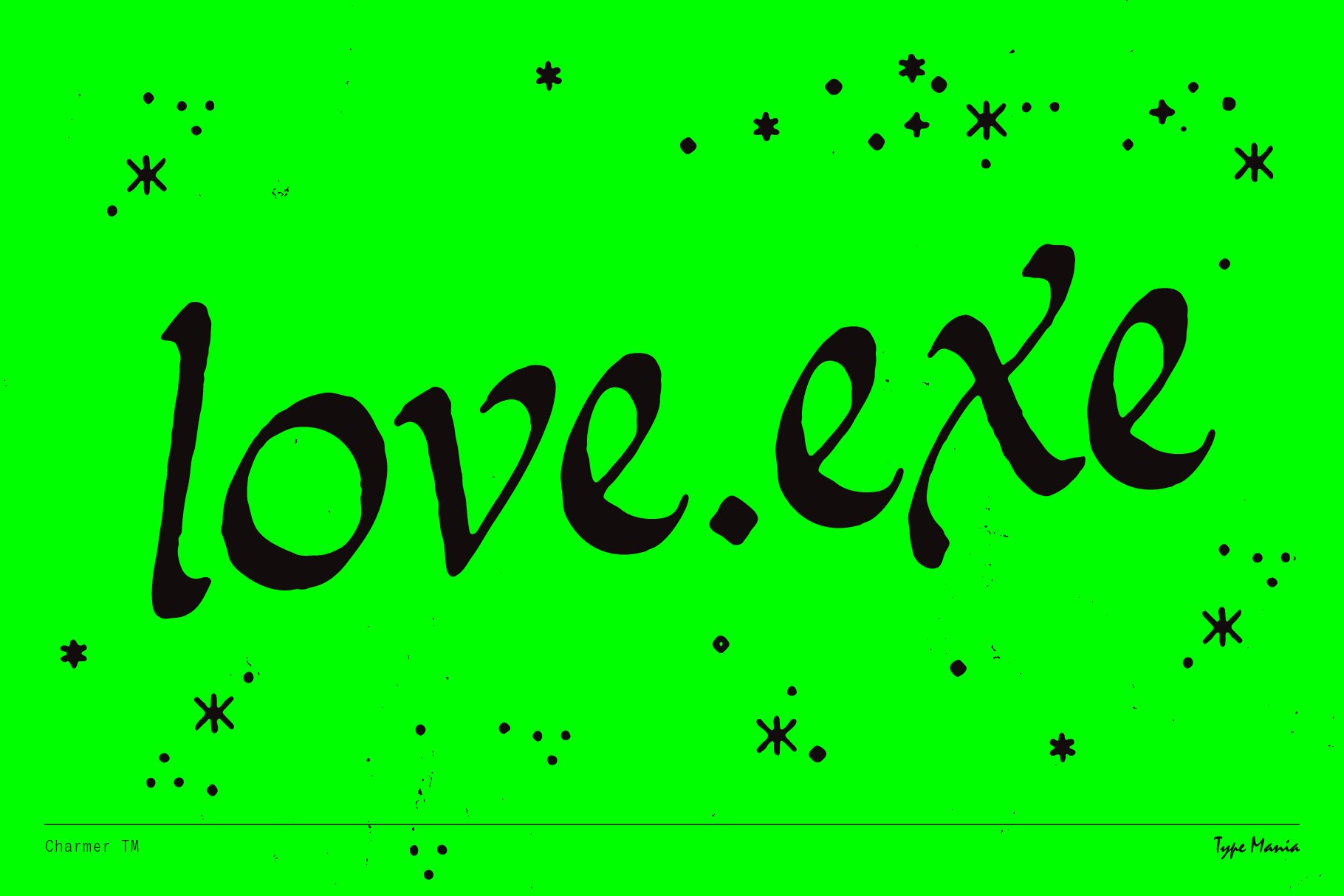 Calligraphy font love exe in black on bright green background with scattered star and dot graphics; suitable for graphic design projects.