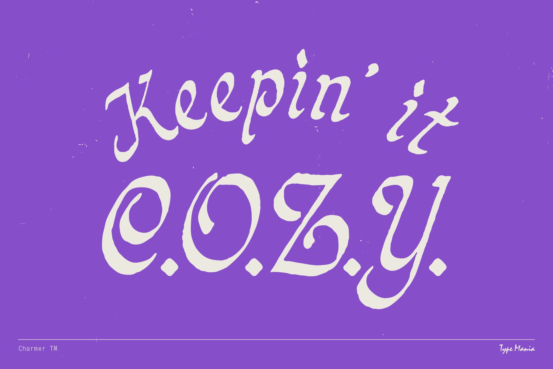Hand-lettered script reads Keepin it C.O.Z.Y. in white on a purple background. Ideal for designers seeking unique fonts and typography assets.