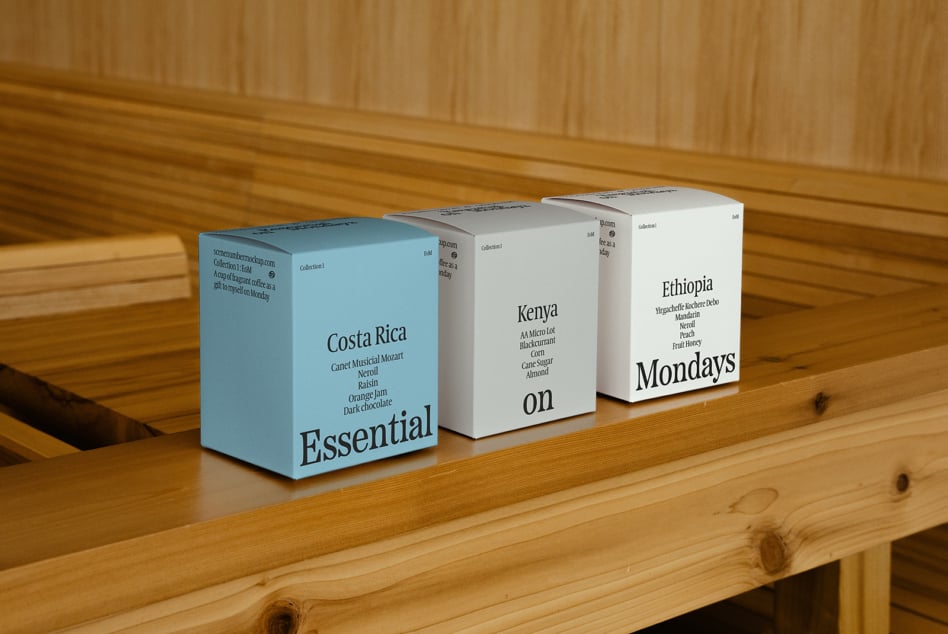 Coffee packaging design mockup featuring Costa Rica, Kenya, and Ethiopia varieties on wooden shelf. Ideal for packaging designers and branding projects.