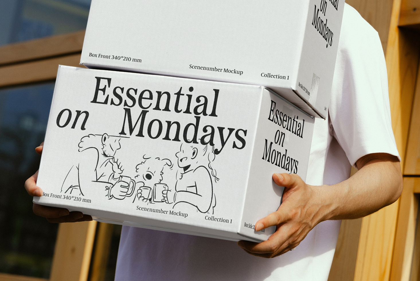 Person holding boxes with Essential on Mondays text. Graphic design mockup template for packaging designers. Keywords: mockup, packaging, design.