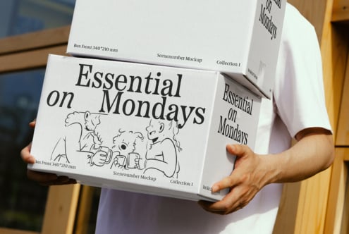 Person holding boxes with Essential on Mondays text. Graphic design mockup template for packaging designers. Keywords: mockup, packaging, design.