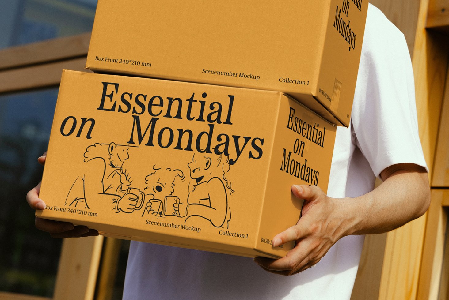 Person holding boxes with Essential on Mondays text and illustrations mockup design perfect for packaging templates and designer resources.