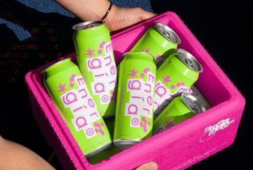 Bright green energy drink cans with vibrant pink branding in a bold pink box ideal for design mockups creative packaging digital assets templates