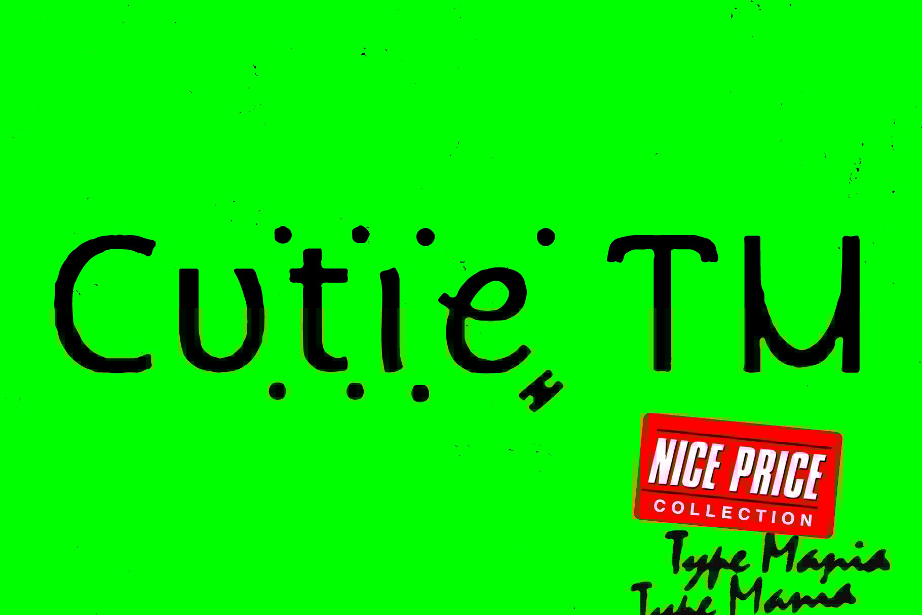 Playful modern font Cutie TM displayed on a bright green background with dotted accents bold typography design asset for creative projects fonts.