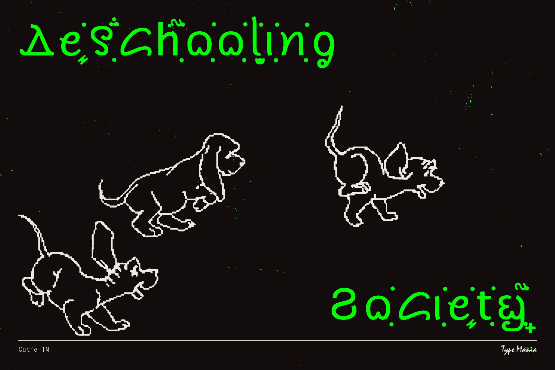 Unique digital font in neon green with playful dog sketches on black background perfect for creative designers typography art digital assets templates