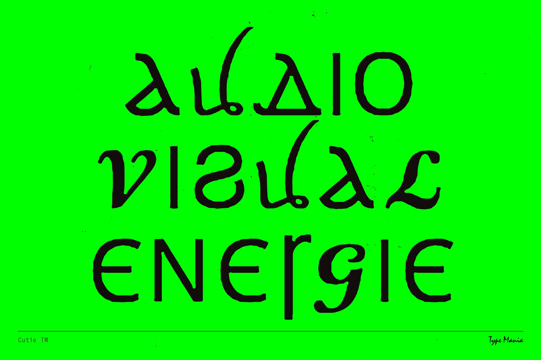 Unique font design on bright green background displaying stylized words audio visual energie. Ideal for graphic designers seeking artistic typography.