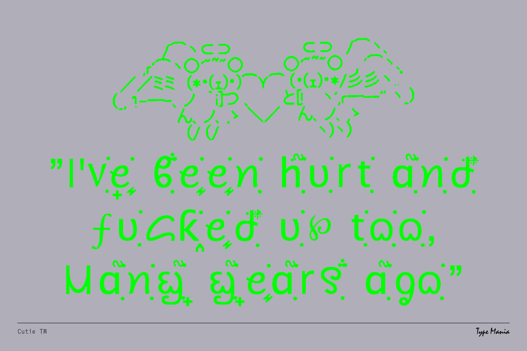 Quirky neon green decorative font art featuring abstract angel designs and bold text on a gray background ideal for graphic design templates.