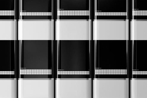Black and white metal can mockup with grid pattern and blank label for product design packaging visualization branding designers digital assets