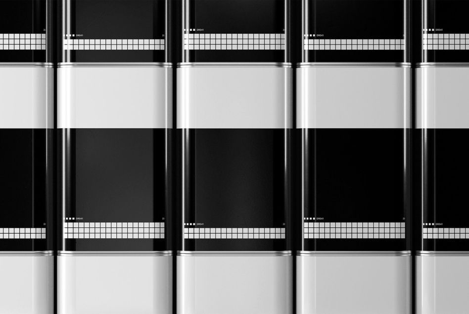 5 smartphone mockups arranged in grid with blank screens, retro film strip design