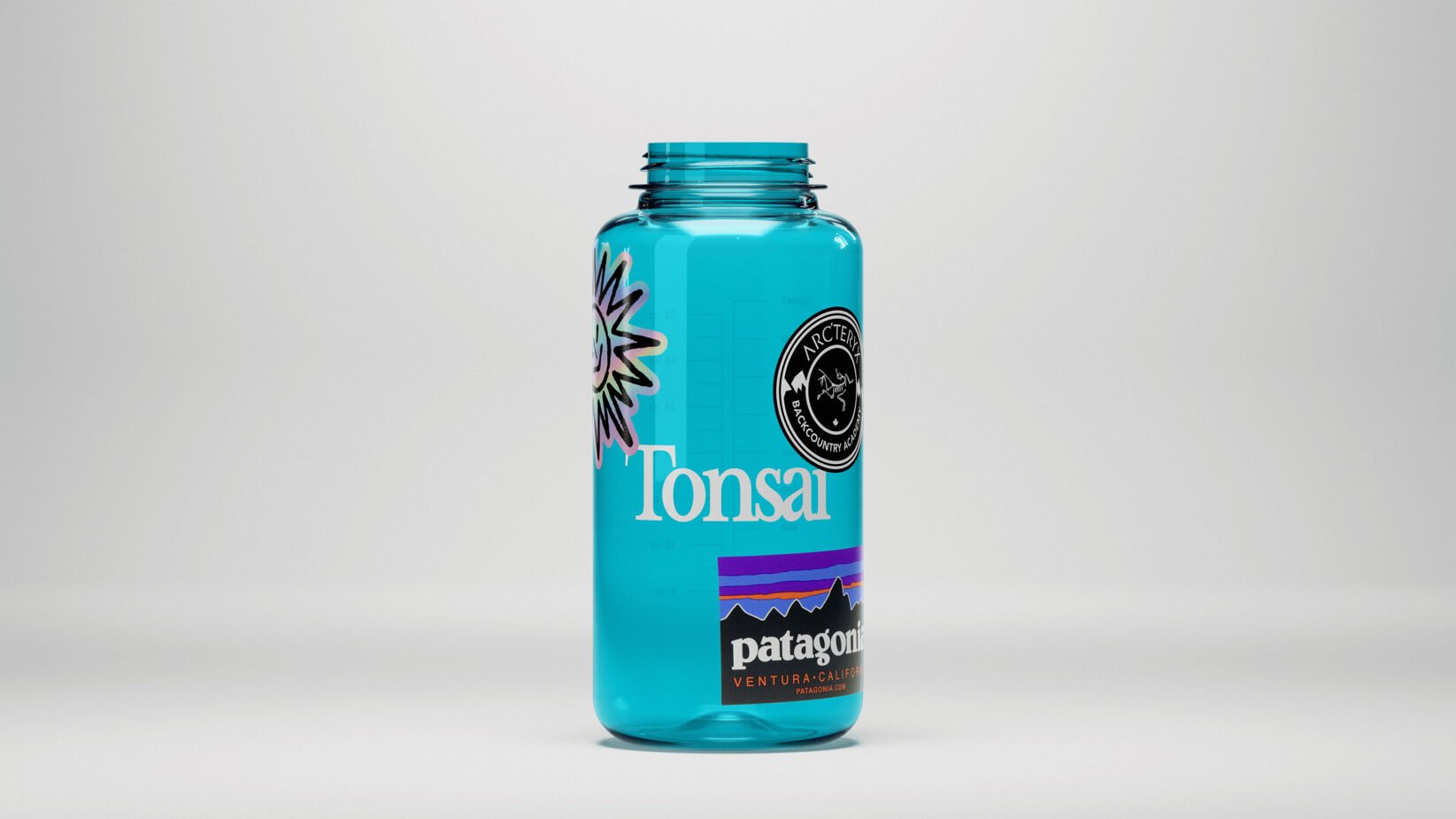 Blue transparent bottle mockup displaying various logos and designs ideal for branding projects and packaging design. Graphic design asset.