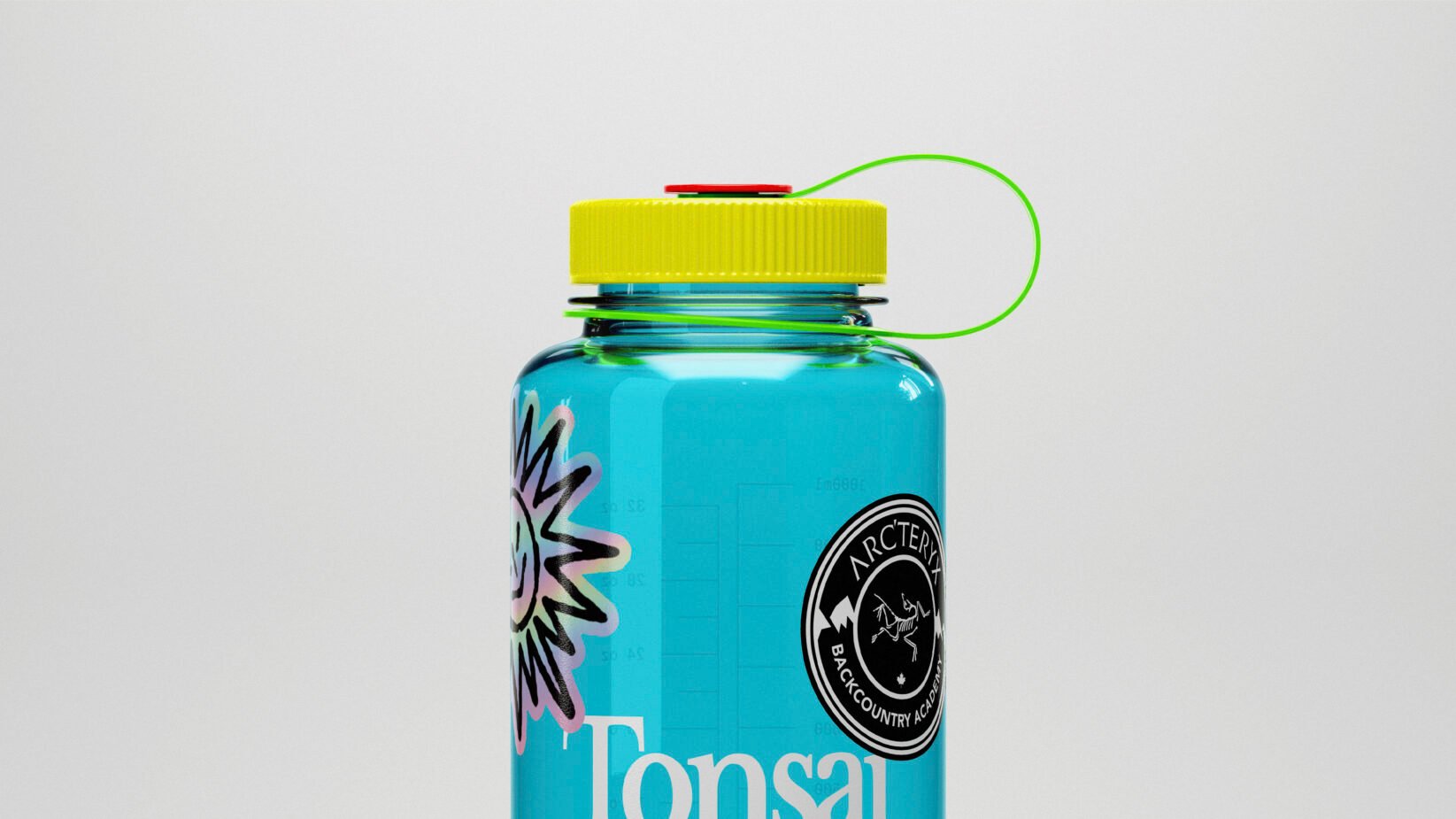 Colorful water bottle mockup with unique graphic designs on teal surface. Yellow cap with green loop. Perfect for designers. Graphics Assets Design.