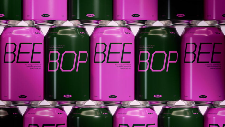 Bright magenta green cans labeled Bee Bop with guava pear flavors displayed
