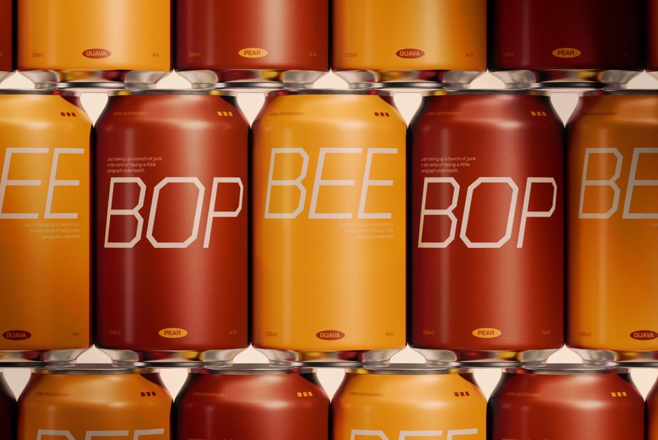Orange red aluminum cans showing Bee Bop beverage mockup in rows