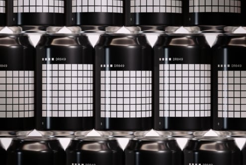 Grid pattern on black cans mockup for creative packaging design. Ideal for showcasing branding ideas. Perfect for designers needing customizable templates.