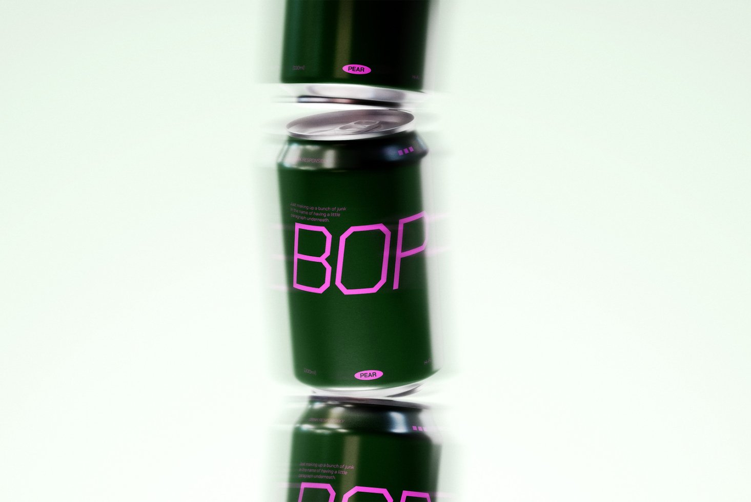 Minimalistic mockup of green beverage cans with bold pink typography design, suitable for creative packaging projects and branding presentations.