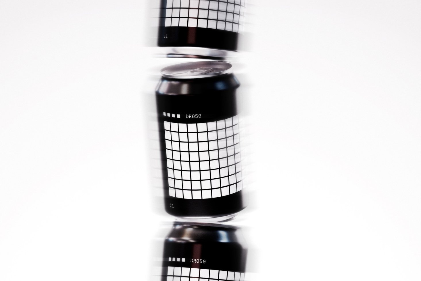 Floating aluminum can mockup with grid design on clean white background ideal for showcasing branding packaging design high-quality realistic template.