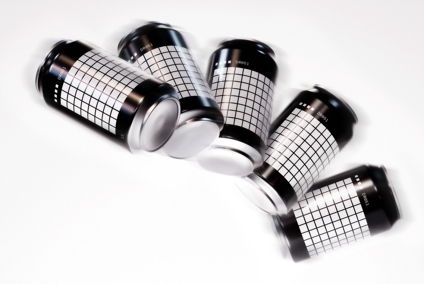 Mockup of five aluminum cans with grid design on a white background. Perfect for showcasing branding, packaging, and product design for designers.