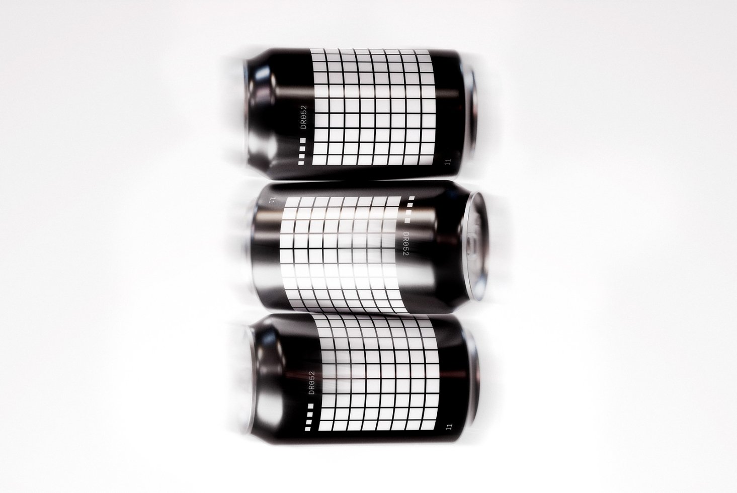 Three aluminum cans with a geometric grid pattern on a white background. Ideal for mockup, branding, packaging, product design, digital assets for designers.