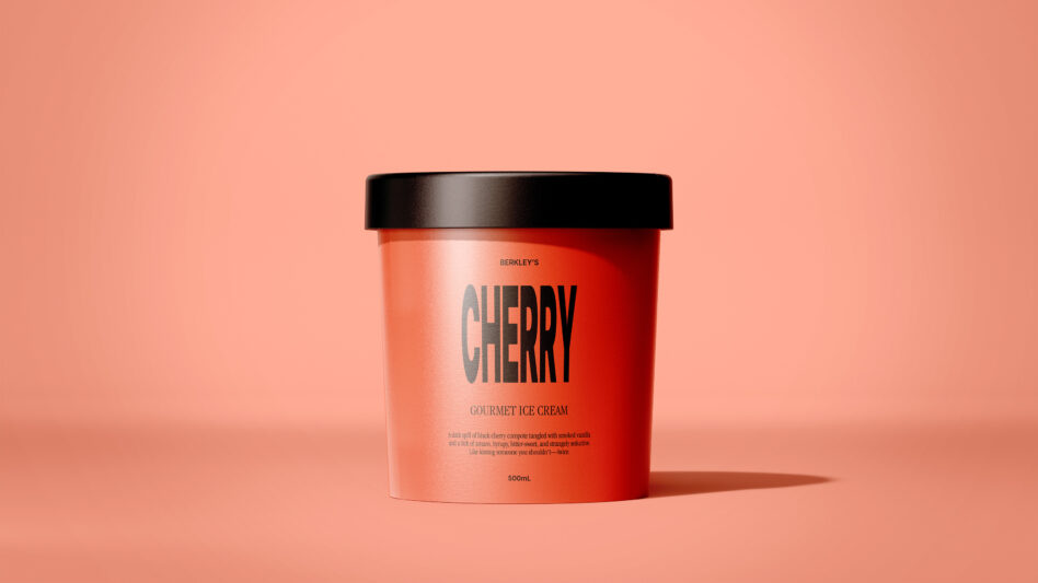 Single red ice cream container labeled cherry gourmet on coral background