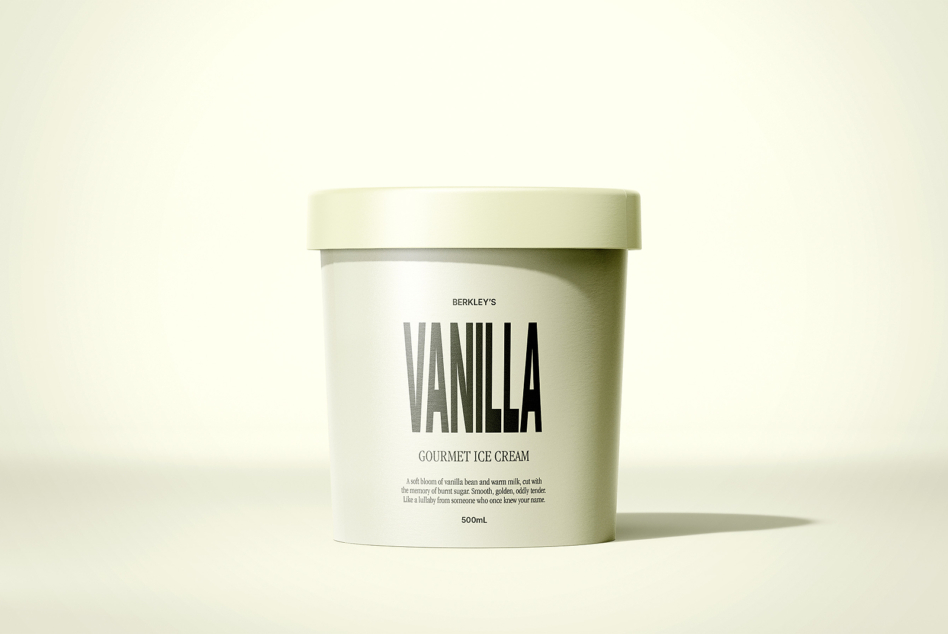 Cream ice cream container with vanilla branding, 500mL size on soft background
