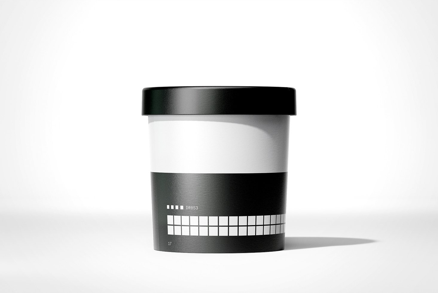 Minimalist coffee cup mockup with black and white design featuring geometric grid elements perfect for branding and packaging design templates