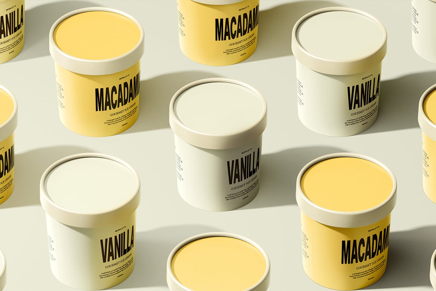 Grid layout of macadamia plus vanilla ice cream pots in yellow against cream backdrop