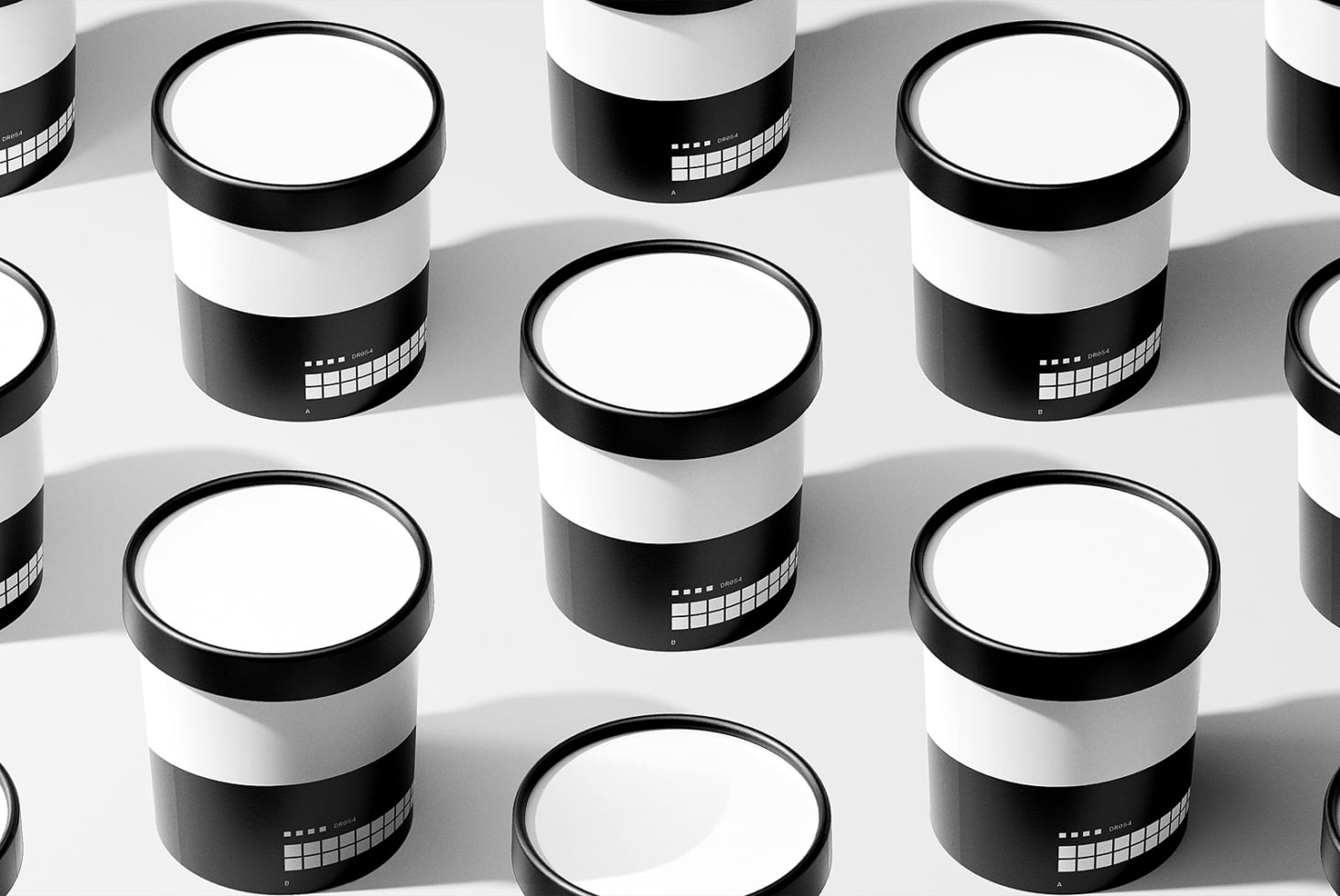 Repeating pattern of black cylinder jars with white top labeled mockup containers