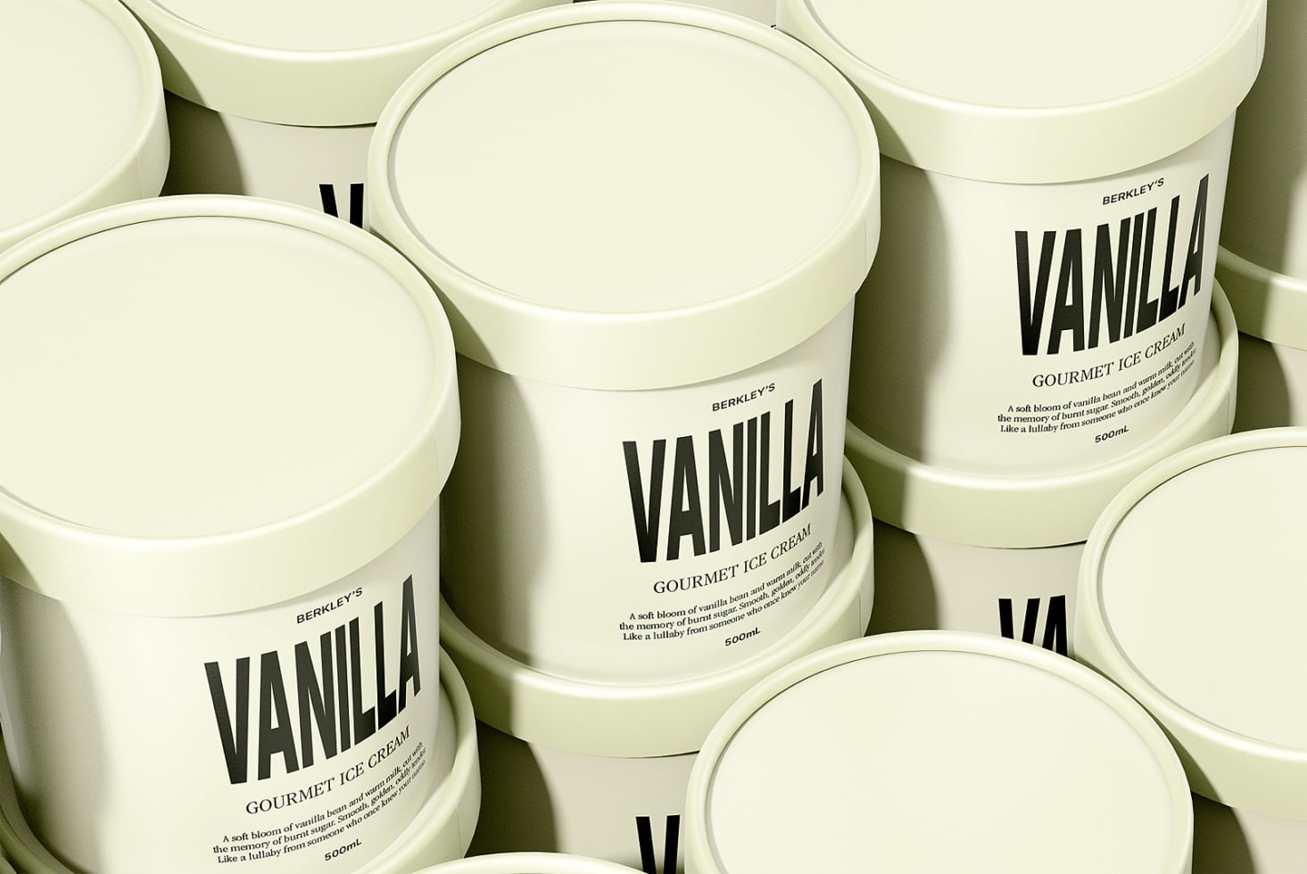 Overhead shot of cream ice cream containers labeled vanilla gourmet with recipe text