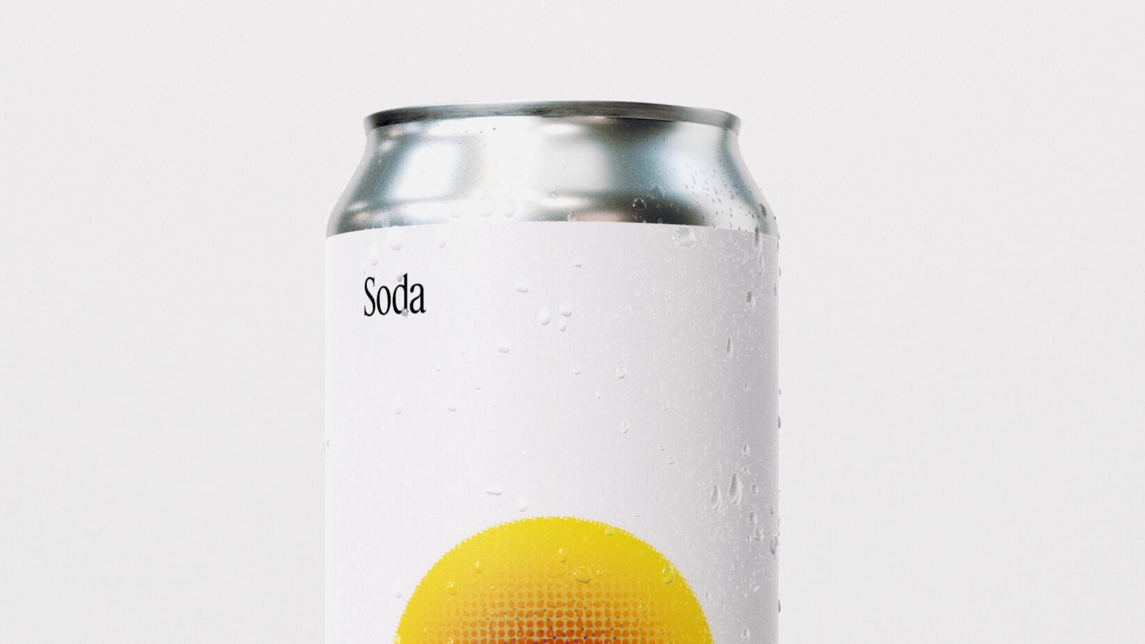 Minimalist soda can mockup with dew drops on metal surface featuring a simple design with white label and yellow dot. Ideal for branding projects.