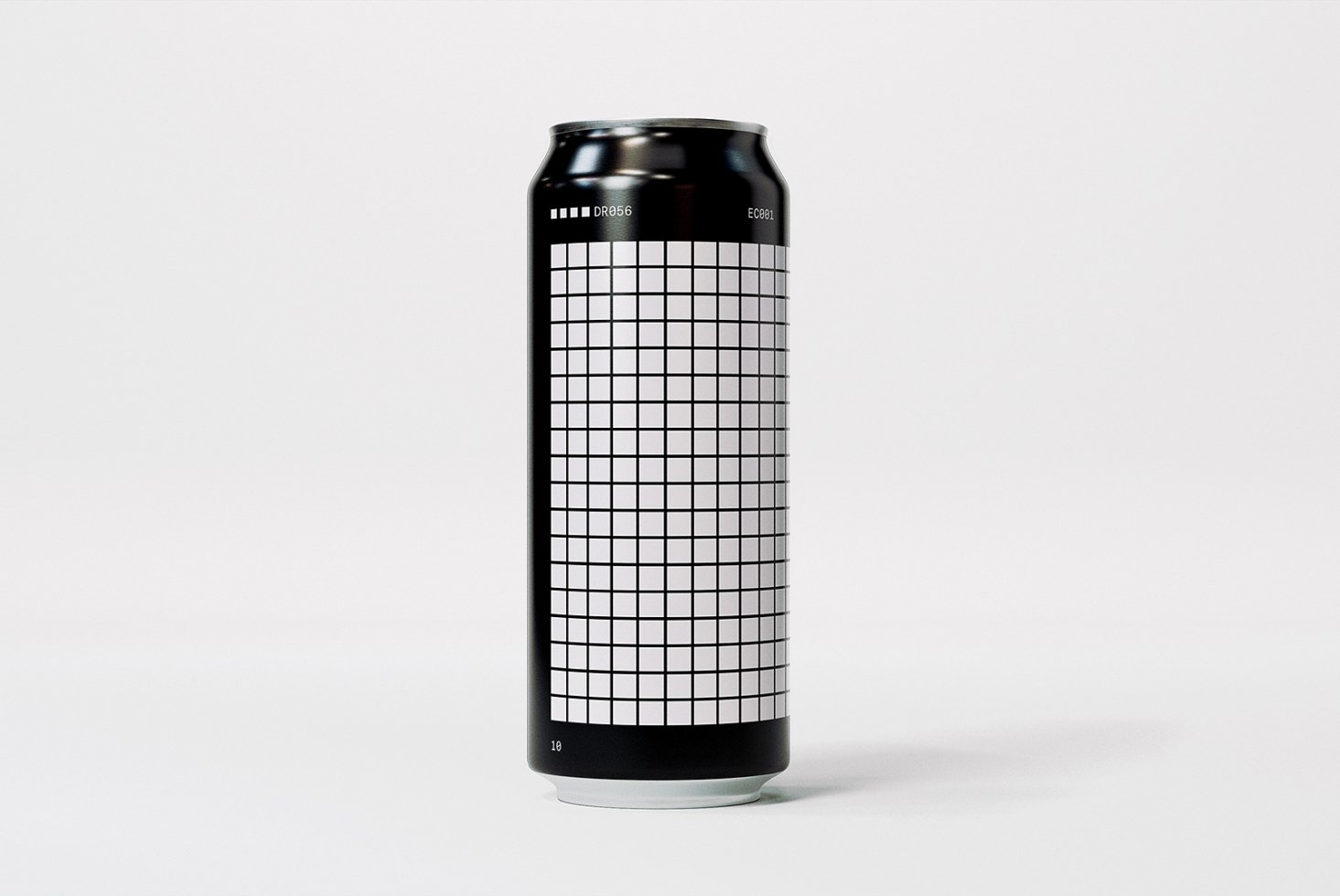 Tall aluminum can with grid label design mockup for product branding showcases minimalist style against plain background ideal for designers and marketers.