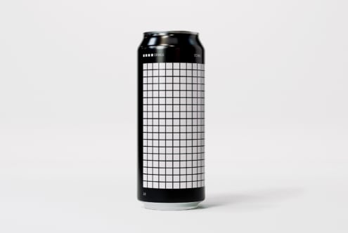 Tall aluminum can with grid label design mockup for product branding showcases minimalist style against plain background ideal for designers and marketers.