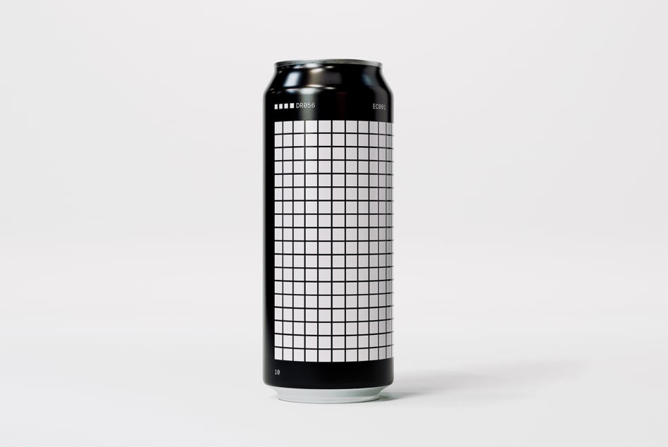 Black beer can with white grid pattern design on neutral background