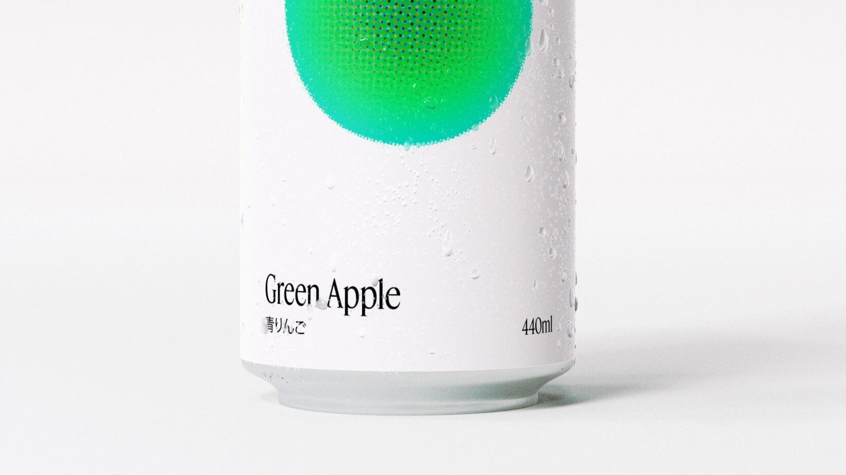 Close-up of a 440ml green apple drink can with water droplets on white background. Minimalist design for beverage mockup or product packaging.