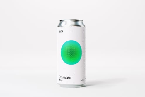 Soda can mockup featuring minimal white label design with a green abstract apple graphic droplets on the exterior perfect for branding presentation