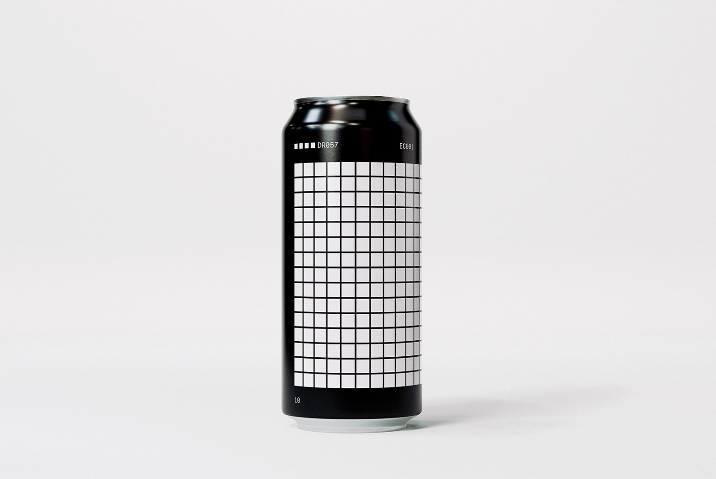 Tall black can mockup with grid design, isolated on white background. Ideal for showcasing branding and packaging concepts. Template for designers.