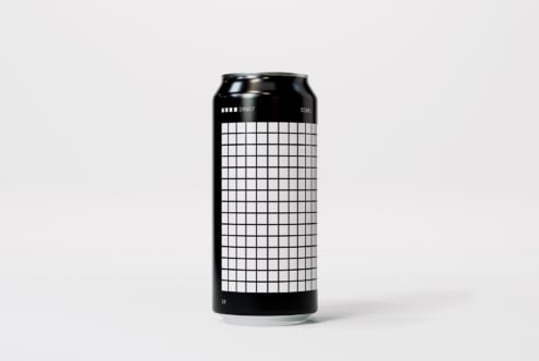 Tall black can mockup with grid design, isolated on white background. Ideal for showcasing branding and packaging concepts. Template for designers.