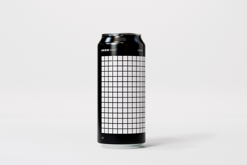 Black beer can mockup with white grid pattern, minimal industrial design