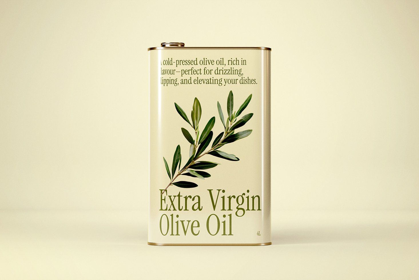 Mockup of olive oil tin with green typography and olive branch illustration. Ideal for packaging design and branding projects. Versatile designer asset.