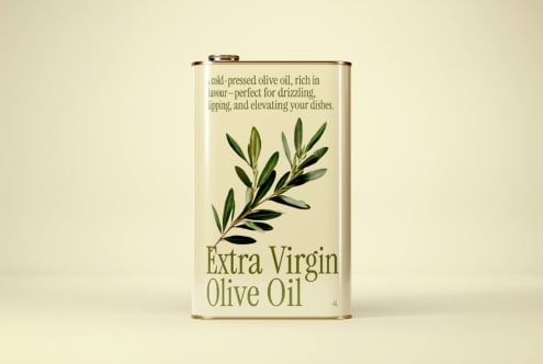 Mockup of olive oil tin with green typography and olive branch illustration. Ideal for packaging design and branding projects. Versatile designer asset.