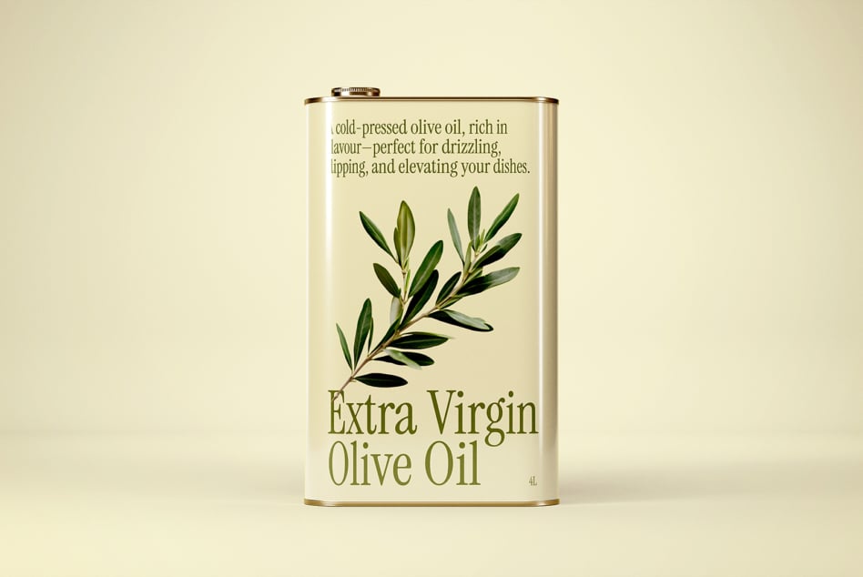Extra Virgin Olive Oil tin, cream colored label with olive branch, 4L size
