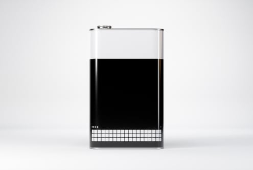 Metal flask mockup with minimalist white and black design on white background. Perfect for showcasing logo designs or branding. Ideal for graphic designers.
