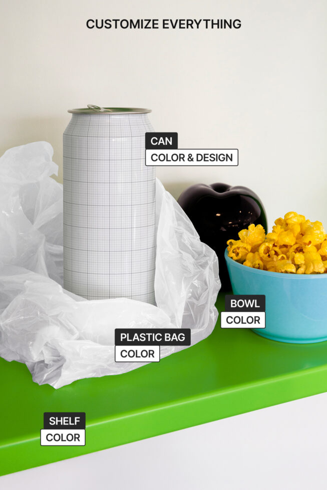 Customizable product mockup featuring a blank soda can, blue bowl, clear plastic bag on green shelf. Ideal for branding, packaging design, advertising.