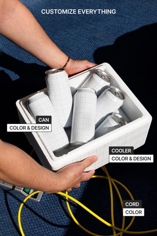 Mockup image shows customizable drink cans in a cooler. Keywords: mockup, customizable, design, cooler, cans, product design, grid paper, template.