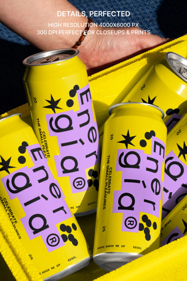 Colorful energy drink can mockup with yellow and lavender design. Perfect for showcasing branding and packaging ideas. High resolution for designers.
