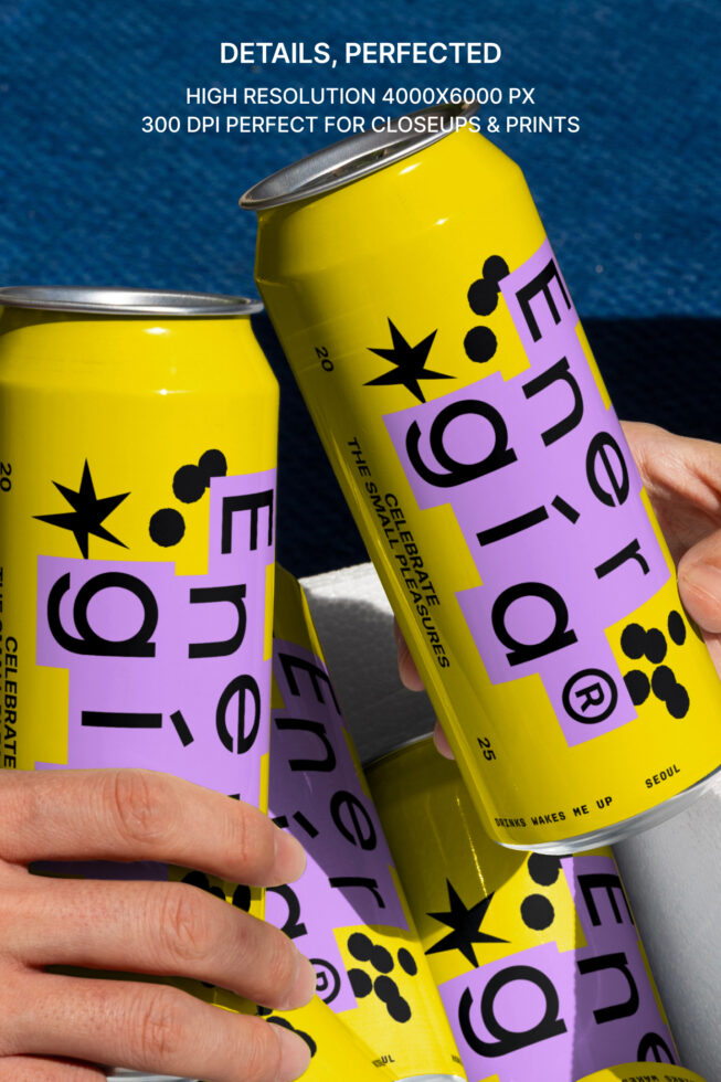 Bold energy drink can design in vibrant yellow and purple, perfect for mockup presentations, showcasing modern typography and eye-catching graphics.