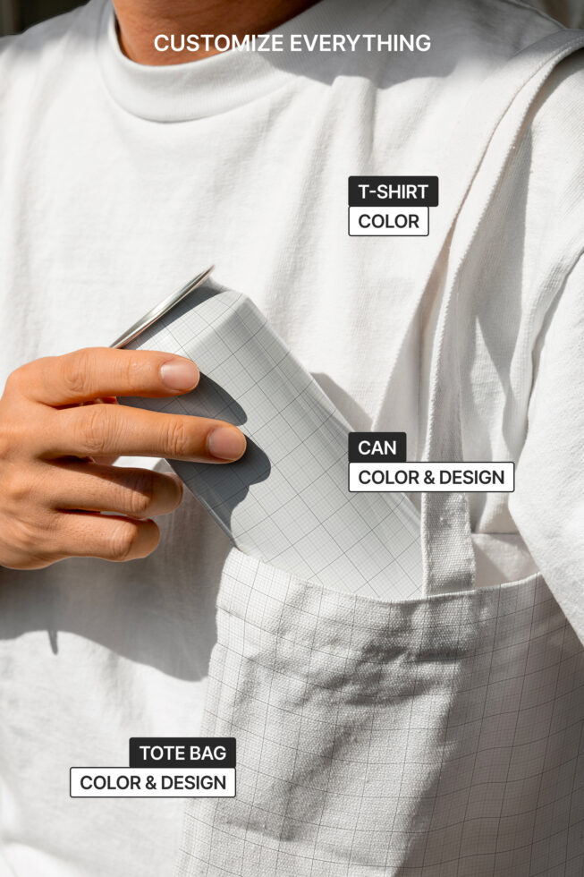 Person holding a customizable can with a mockup white t-shirt and tote bag. Keywords: customizable mockup, t-shirt design, tote bag, can design, designers.