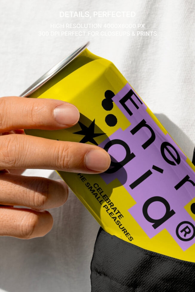 Closeup of a hand holding a colorful can with vibrant modern design. Perfect for packaging mockups and graphic templates. High-resolution asset.