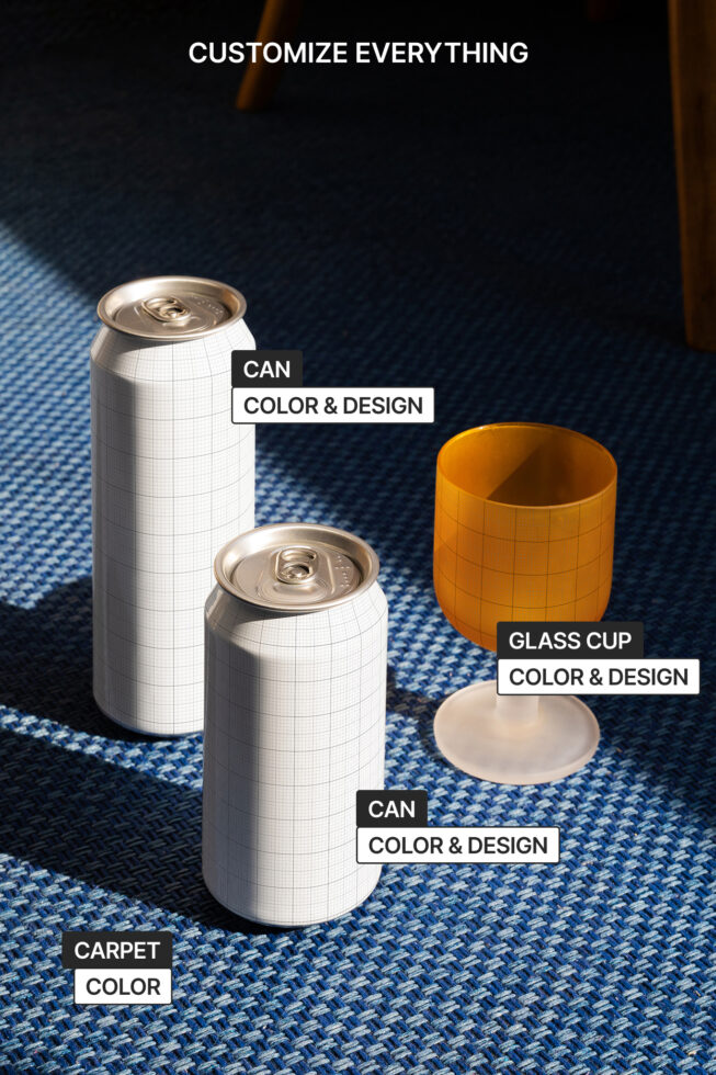 Mockup image featuring customizable cans, glass cup, and carpet. Editable color and design options for designers. Perfect for showcasing product design.